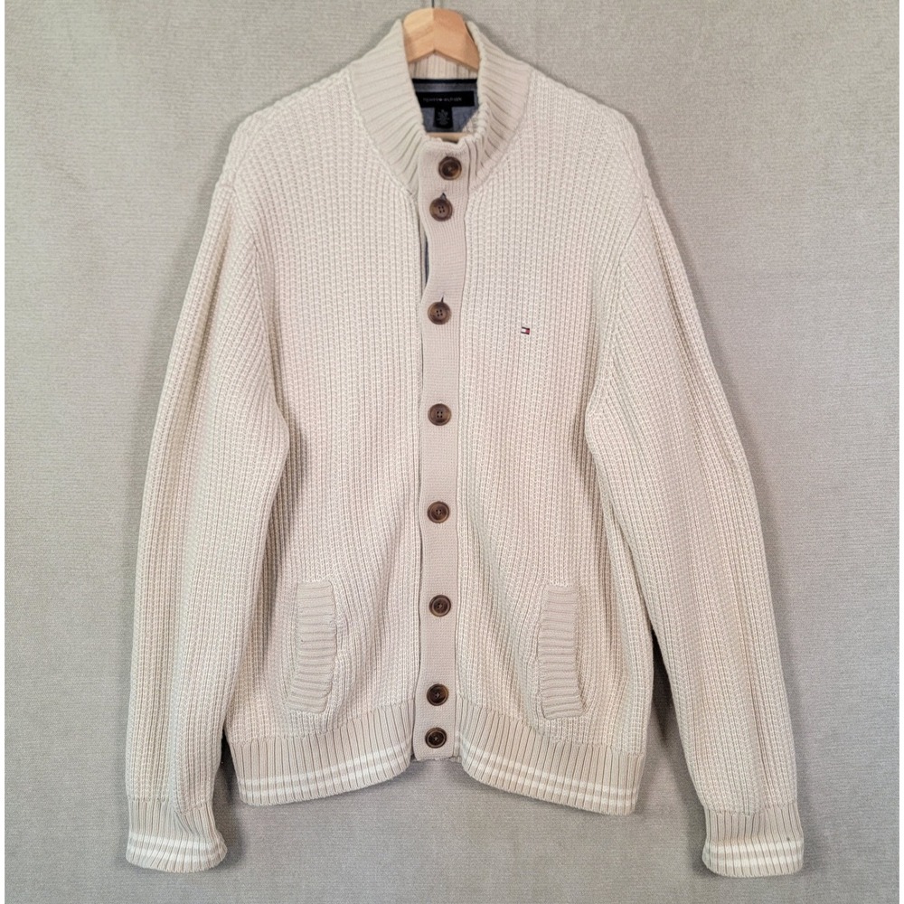 Tommy Hilfiger Sweater Waffle Knit Grandpa Cardigan Mens XL Ivory Beige Chunky